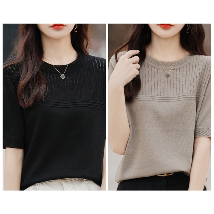 레노이 11 여성 아이스 실크 반팔 라운드 넥 얇은 여름 티셔츠 니트