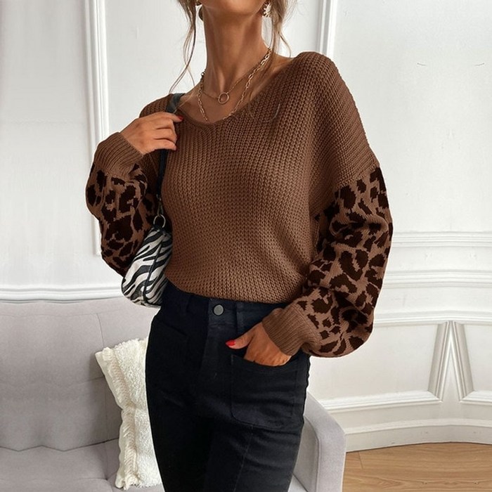 스웨터 레오파드 프린트 뜨개질 패션 v 넥 풀오버 탑 가을 겨울 스티치 니트