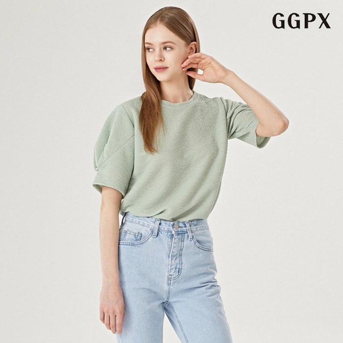 GGPX 라운드넥 소매 벌룬 핀턱 반팔 티셔츠  GOALW012D