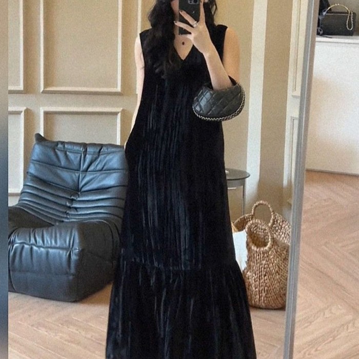 미중 여성 여름 뉴 벨벳 누름 주름 무지 패션 브이넥 민소매 기질 A라인 박시 롱원피스 xyy