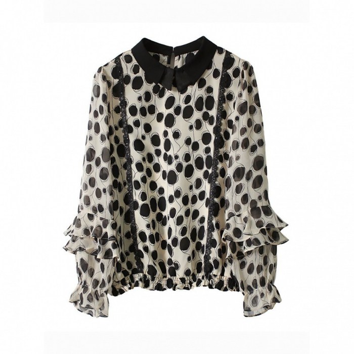 해피유통 여성 블라우스 우아한 레이스 프릴 패치 프린팅 긴팔 셔츠 XG15