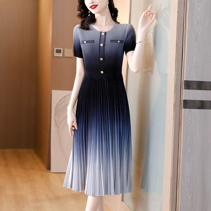 ROYALBELLE 여성 우아한 허리 슬림 배색 원피스 라운드넥 반팔 캐주얼 플레어 주름 원피스 V041417