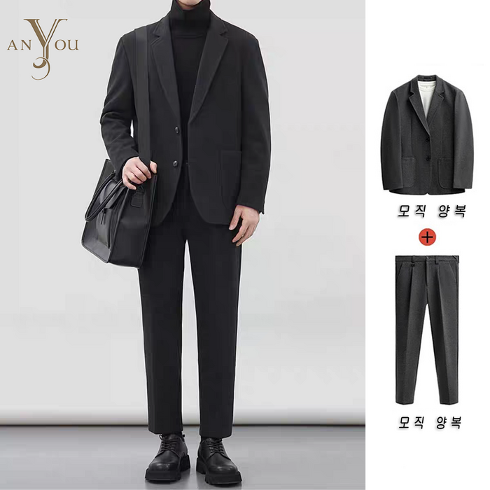 ANYOU 남성용 캐주얼 수트 모직 양복 세트자켓바지2종 세트 두꺼운 원단 비즈니스 데일리 출근용 정장