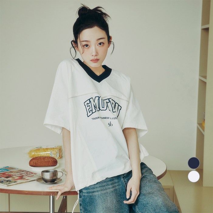 쥬시쥬디 여성용 브이넥 우븐 믹스 티셔츠 JZTS321F