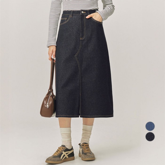 ELLEPARIS 여성용 베이직 논페이드 데님 롱 스커트