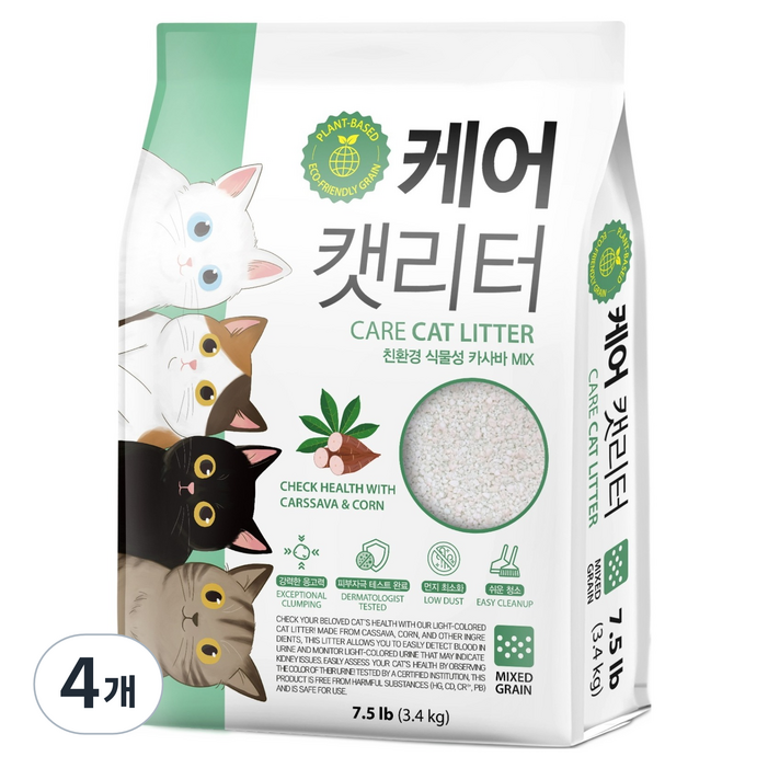 케어 캣리터 카사바 고양이 모래, 3.4kg, 4개, 무향