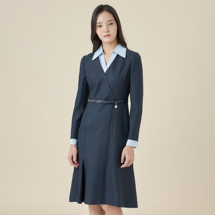 라인어디션 오픈카라 벨티드 플레어 미디 원피스