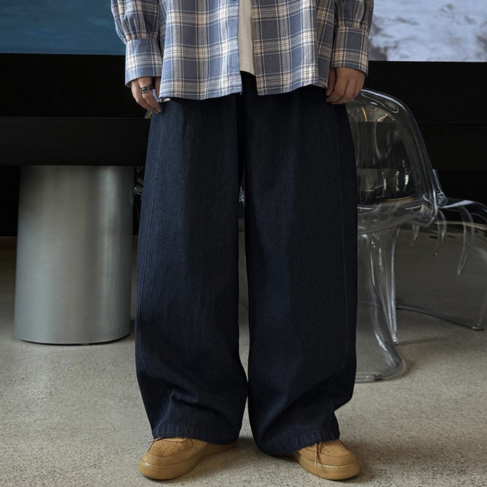 머시따 남성용 숏 롱 기장 사이드 절개 생지 데님 스트링 와이드 팬츠