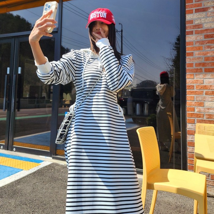 청담코코 스트라이프원피스 쭈리 후드롱원피스 에이라인롱원피스