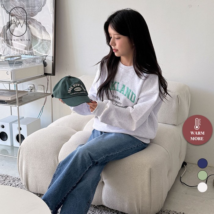 디테일웨어 여성 기모 오클랜드 맨투맨 자수 레터링 오버핏 긴소매 티셔츠 도톰한 여자맨투맨 스웻셔츠