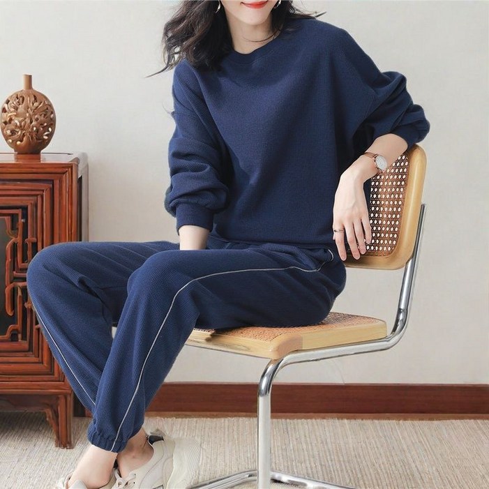 AOKADA 여성 와플 맨투맨 티셔츠 조거 팬츠 투피스 가을 트레이닝 상하세트