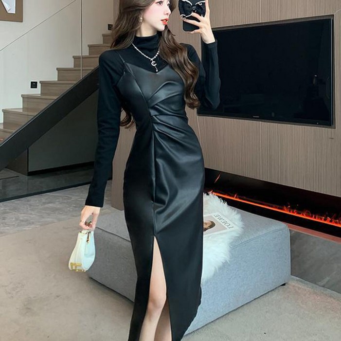 여성 원피스 세트 캐주얼 봄 가을 긴팔 티셔츠 + 트임 PU 가죽 나시 롱 원피스 투피스 세트 기질 레더 투피스 세트 WXY