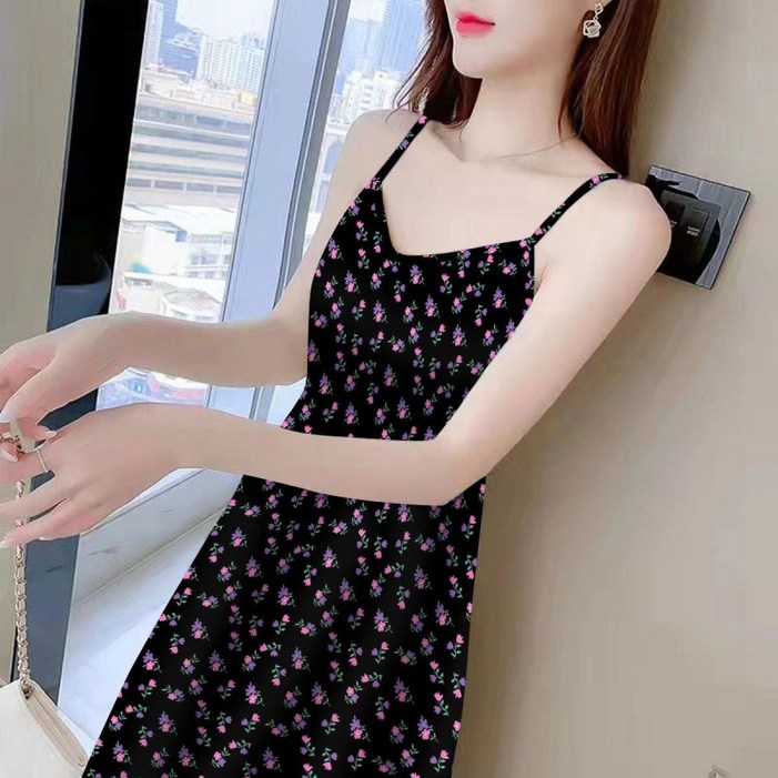 미중 여성 여름 뉴 끈나시 미디엄 나시 고급 날씬 기질 민소매 플라워 원피스 cy