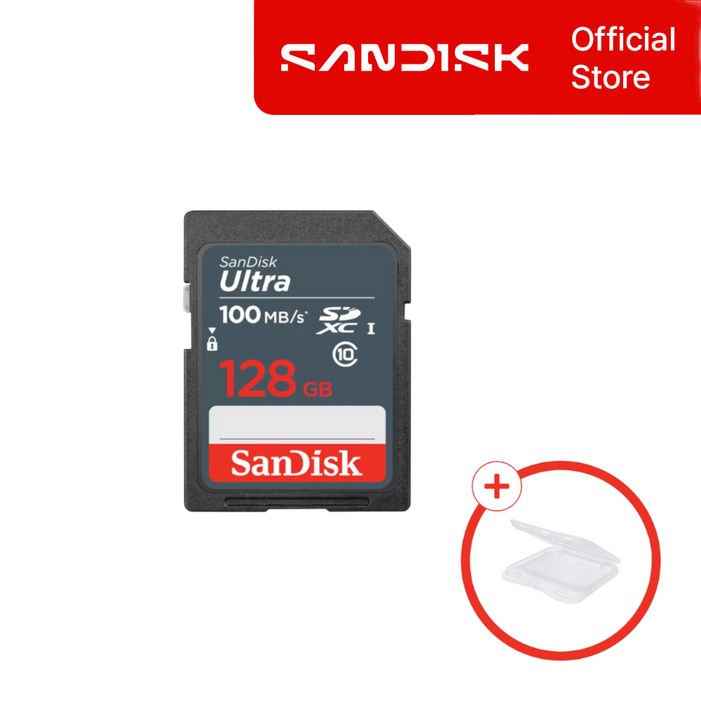 샌디스크 SD 메모리카드 울트라 라이트 디지털 카메라 Class10 UHSI FHD 보관 케이스, 1개, 128GB