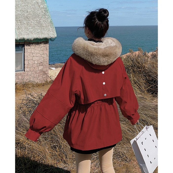 레드 숏 도톰파 여작은 키 극복 겨울 루즈핏 허리 조임느낌 야상 패딩