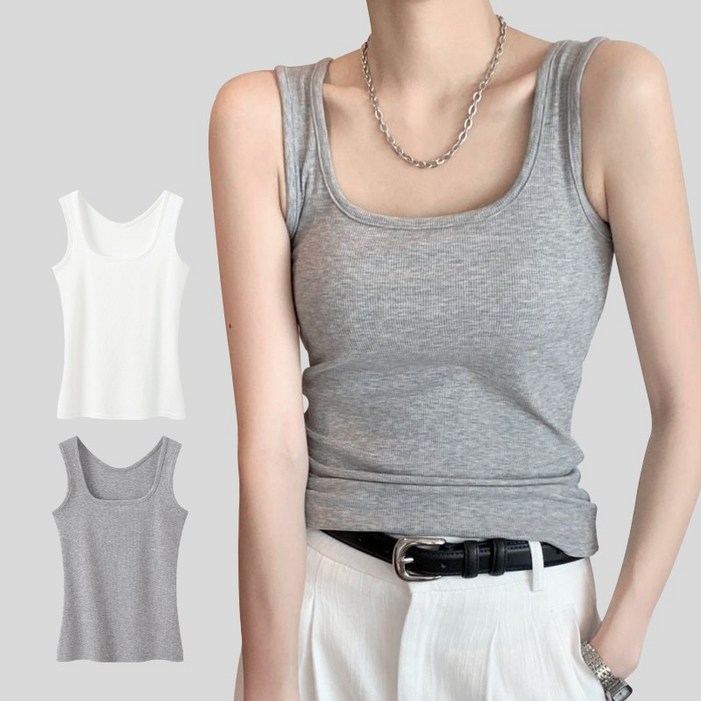 허블리 여성 스퀘어넥 골지 면 스판 민소매 나시 2장세트