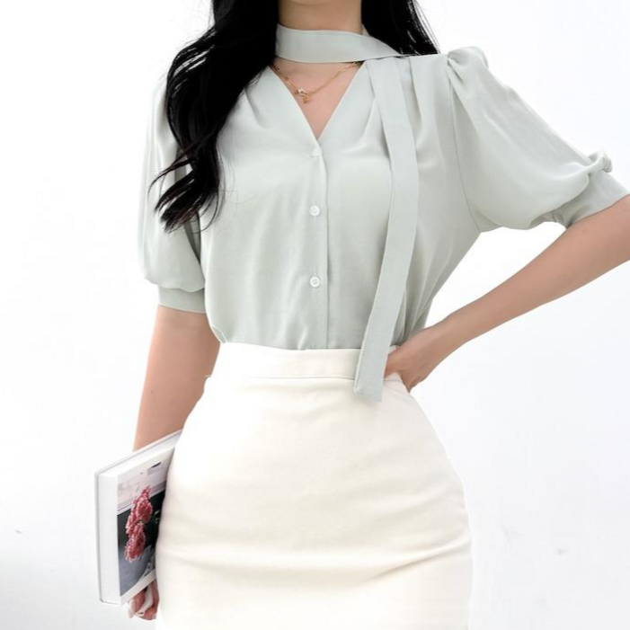 투디 드뮤어 썸머 셔링 쉬폰 반팔 타이 블라우스 오피스룩 하객룩 여름 블라우스, 3컬러