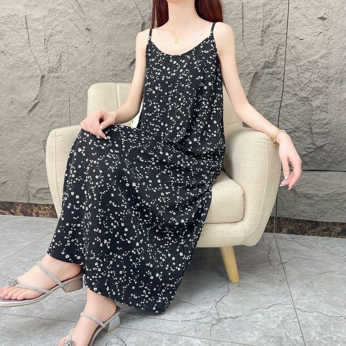여름 꽃무늬 끈 드레스 여성용 루즈핏 민소매 프린트 바닥 원피스 여성용