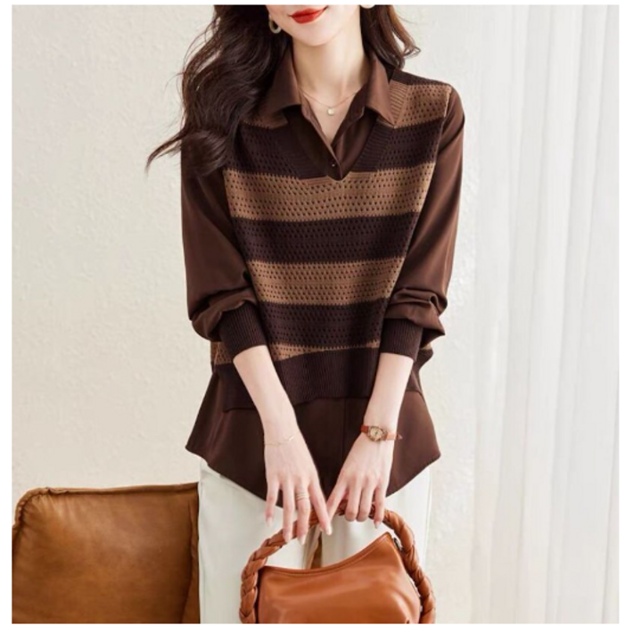 딜마켓 내랑상의  여성 스트라이프 긴팔 이중 카라 티셔츠 상의