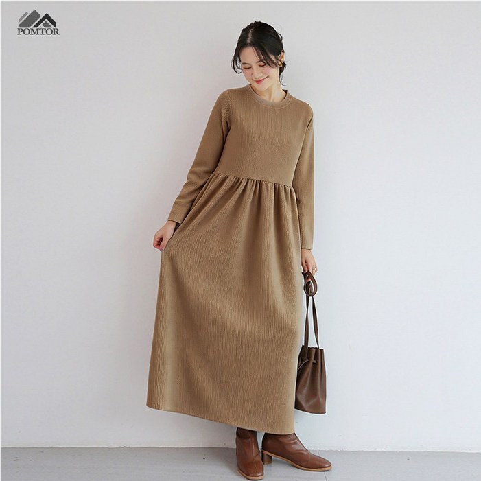 POMTOR 여성 봄 가을 면마 라운드 루즈핏 빅 사이즈 롱 원피스