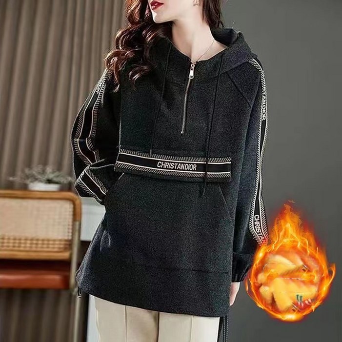 지고다그 여성 가을 겨울 캐주얼 반집업 후드티 루즈핏 배색 스트라이프 따뜻한 맨투맨 SX71032