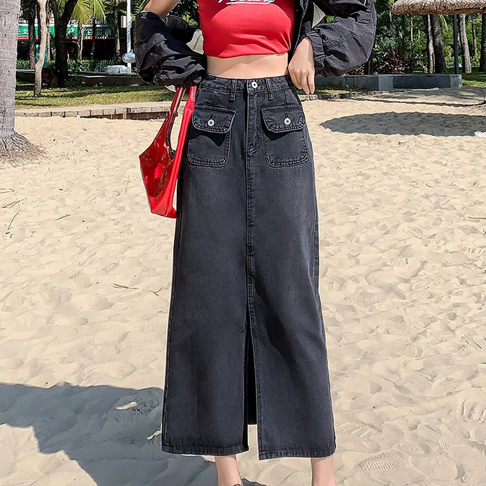 여성 롱 기장 앞트임 포켓 데님 스커트 하이 청치마 CIILLNY