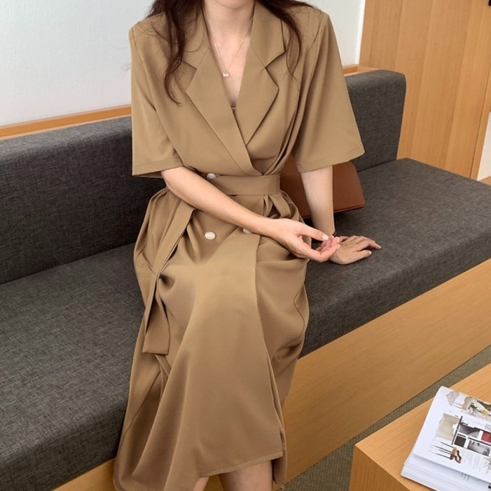 더블 버튼 롱  반팔 원피스 카라넥 스트랩