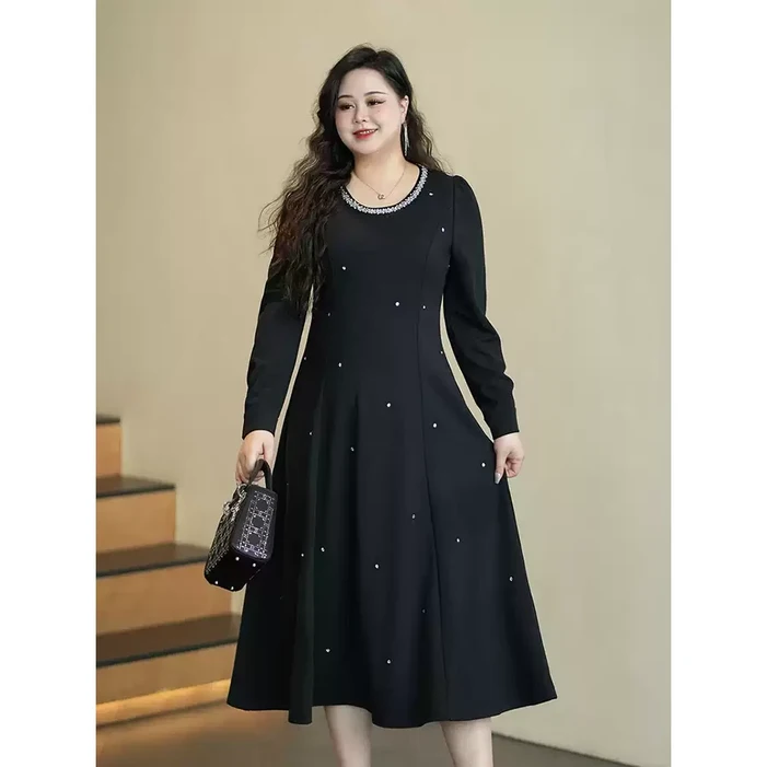 9월 하객룩 빅 사이즈 라지 스팽글 반짝이 라운드넥 가을 원피스 무릎 아래 덮는 돌잔치