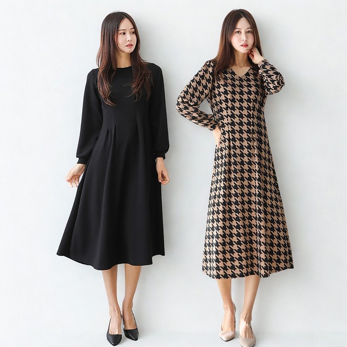 프롬코 11 여성 체크 블랙 플레어 핀턱 롱 원피스 FRC124BK