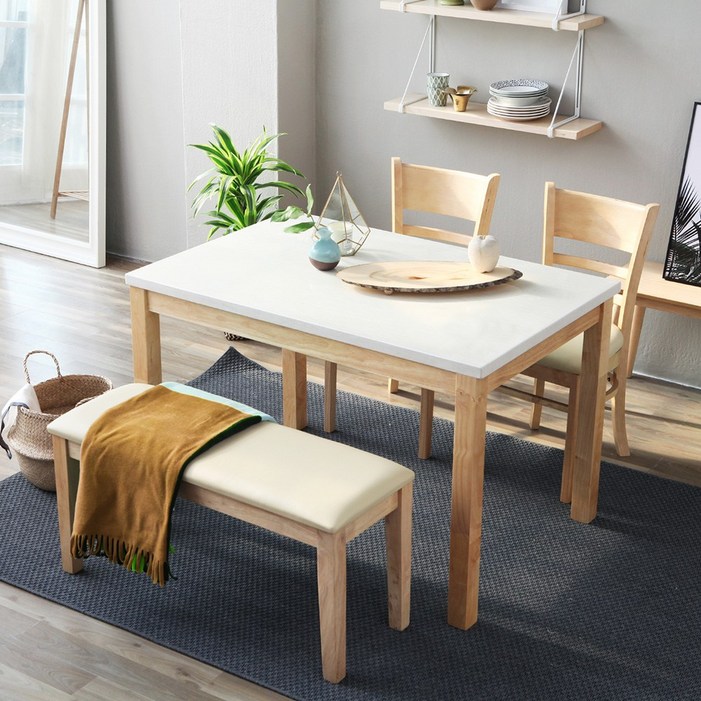 베스트리빙 캘빈 내츄럴 1200 4인용 화강암 대리석  12T 포세림 세라믹 식탁세트의자2개벤치의자1개2colors테이블세트, 화이트대리석아이보리방석