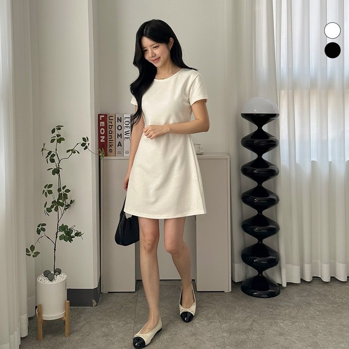 디테일웨어 여성 샤인 미니기장 원피스 라운드넥 반팔 플레어 원피스 신축성좋은 단정한 하객룩 키작녀 미니원피스