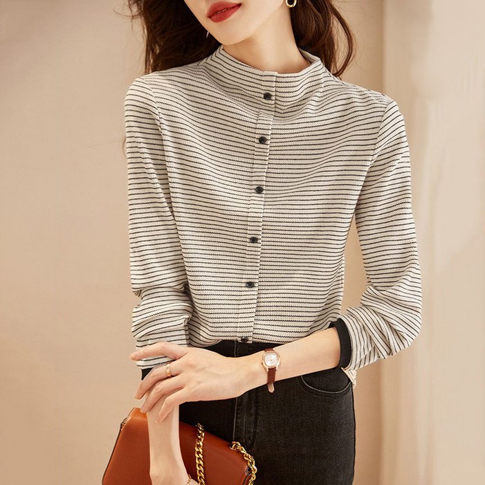 ORZQU 가을 겨울 여성 이너 보온 티셔츠 반폴라 기모 아님/기모 줄무늬 긴팔 티셔츠