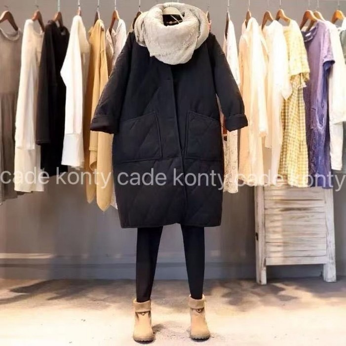 cade konty 110kg까지 빅사이즈 여성 하프 누빔 순색 패딩 겨울 편한 넥카라 도톰 포켓 단추 보온 솜패딩 웰론 패딩 캐주얼 외출 방한복 3xl 4xl