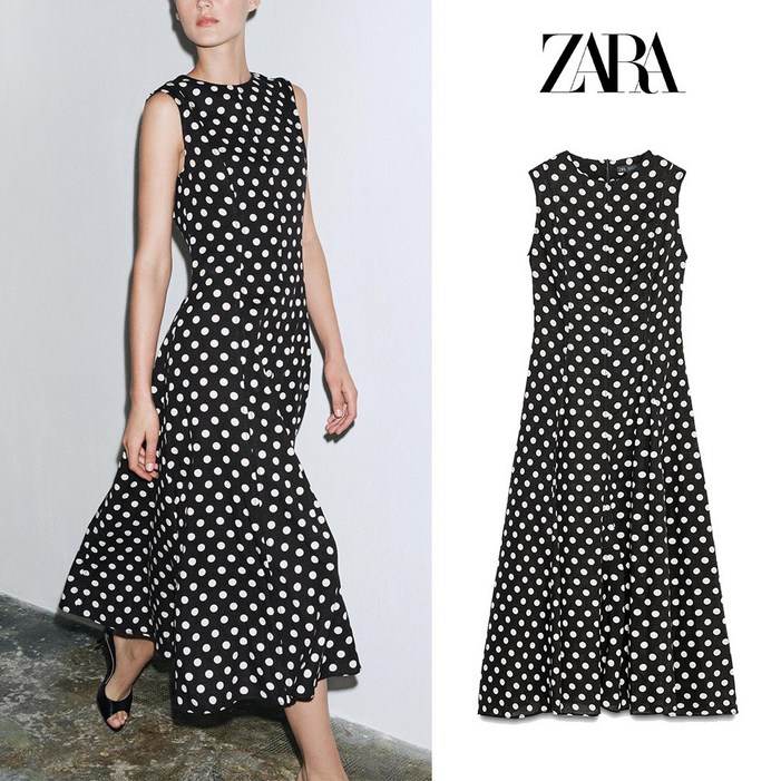 자라 여성 원피스 민소매 폴카 도트 미디 ZW컬렉션 리넨혼방 A라인 드레스