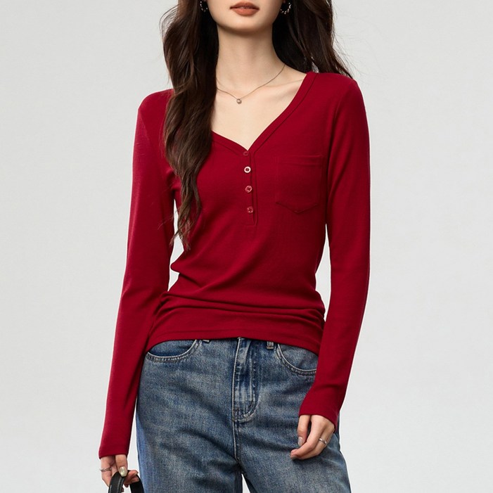 엘에프제트 슬림핏 여성 브이넥 포켓 긴팔티셔츠 골지 면티 25640