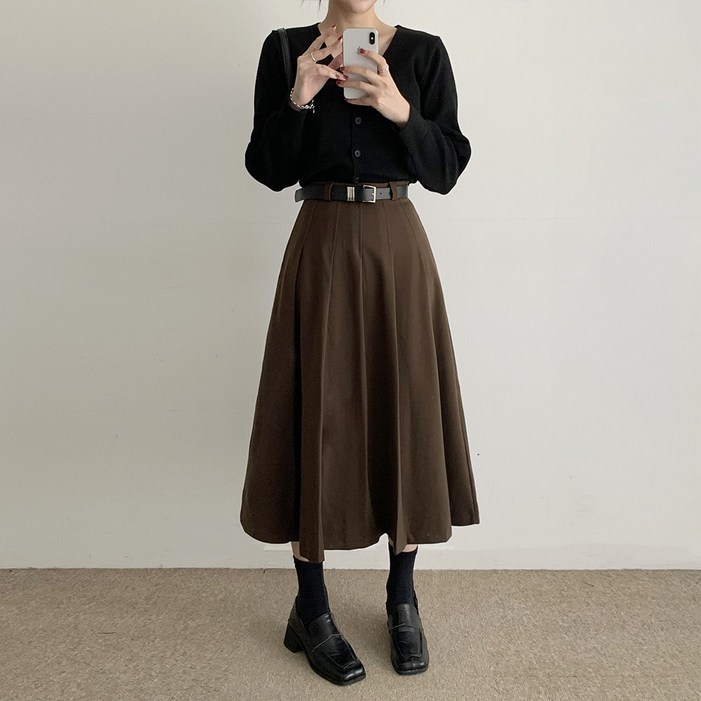 순이 S.여성 모직 무드 플리츠 벨트 롱 스커트