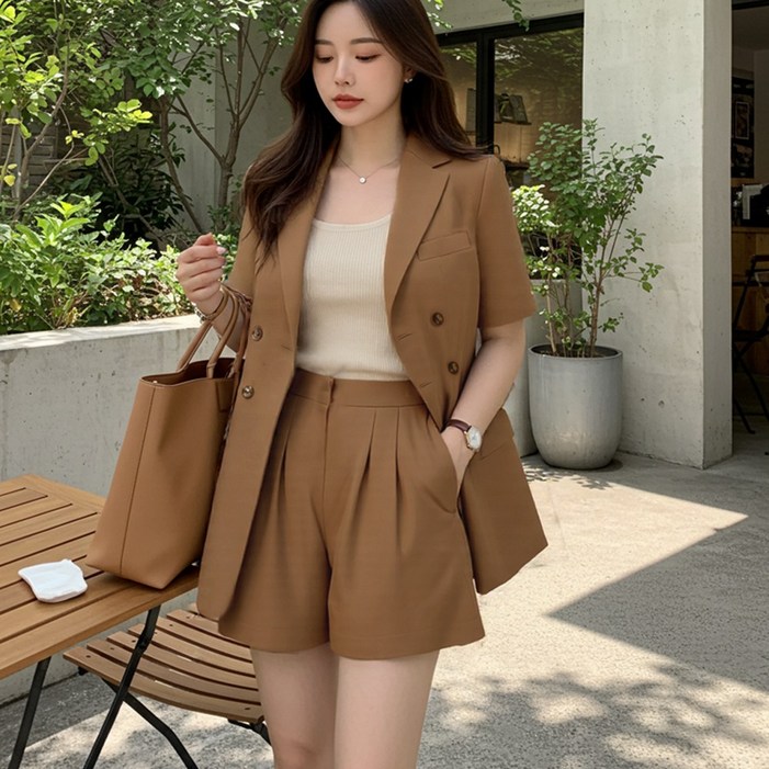 set 린넨 여성 투피스 반팔 더블 버튼 자켓 반바지 세트 숏팬츠 셋업