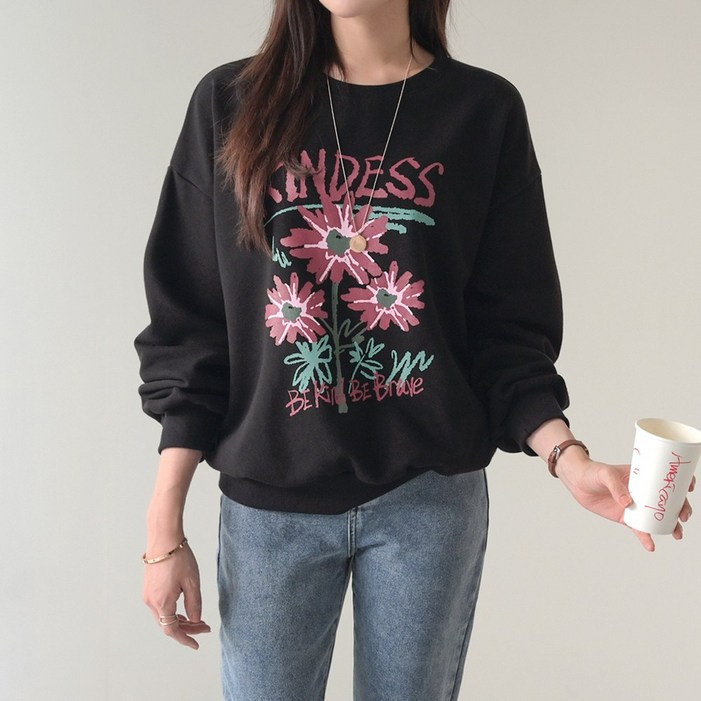 데일리앤 카인디 여성 프린팅 루즈핏 쭈리 맨투맨 티셔츠 스웻셔츠 봄 가을