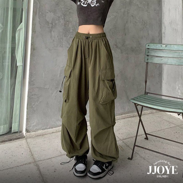 쪼예 나일론 카고 스트링 와이드 조거 밴딩 팬츠