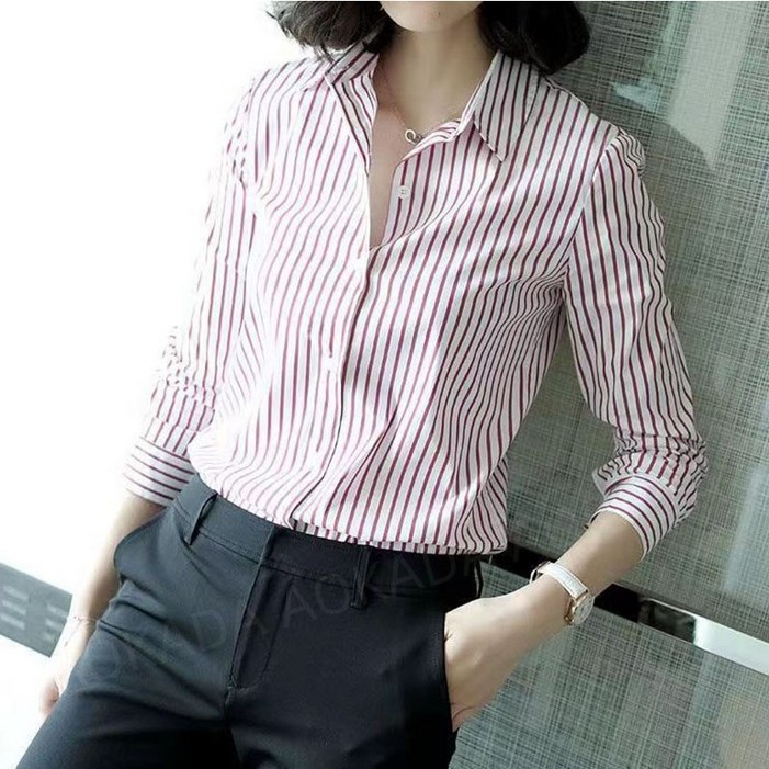AOKADA 스트라이프 여성 패션 슬림핏 긴팔 셔츠 통근 디자인 남방