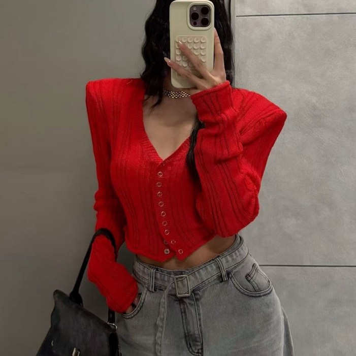 블랑쉬엘 26봄신상 슬림핏 브이넥 골지 크롭 니트 가디건 여성 간절기 하객룩 긴팔 상의