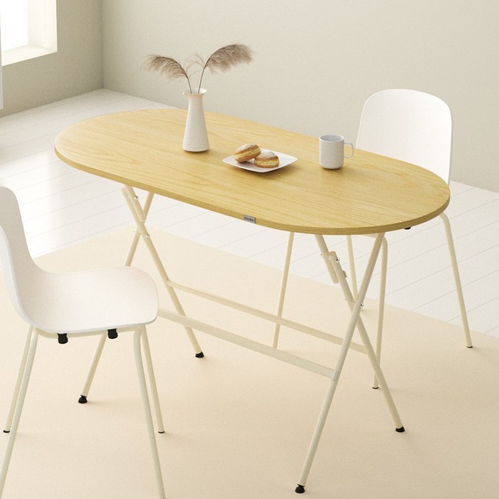 Unihome E0급 750mm높이 18mm상판 접이식 테이블 공간활용 다용도 타원 식탁, 2인용, 원목색