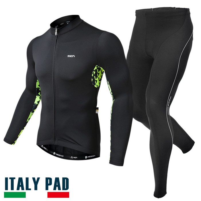 MCN 콘트래스트 자전거 사이클 라이딩 복장 긴팔 의류 상하의 세트 패드 포함 기능성 져지
