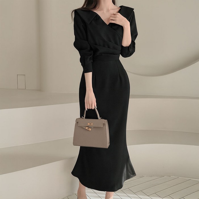 떳다그녀  벨리아 카라 브이넥 랩 핀턱 사선 하객룩 머메이드 맥시 상견례 봄 가을 간절기 롱원피스