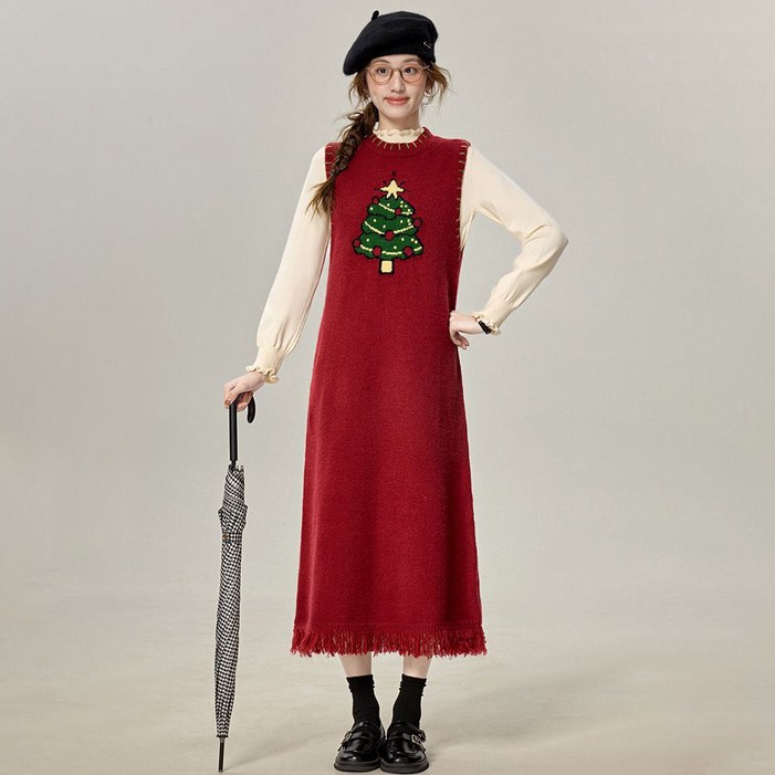 지고다그 가을겨울 레드 니트 조끼 원피스 여성 감성룩 루즈핏 롱드레스 ZXC44136