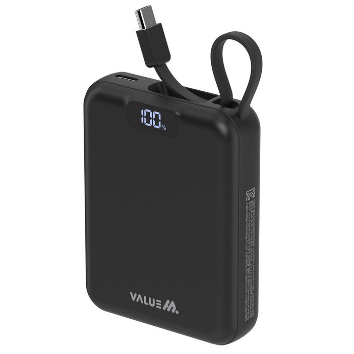 밸류엠 PD 고속충전 케이블 일체형 미니 보조배터리 10000mAh 22.5W C타입, VMB2PA10MNCP, 블랙