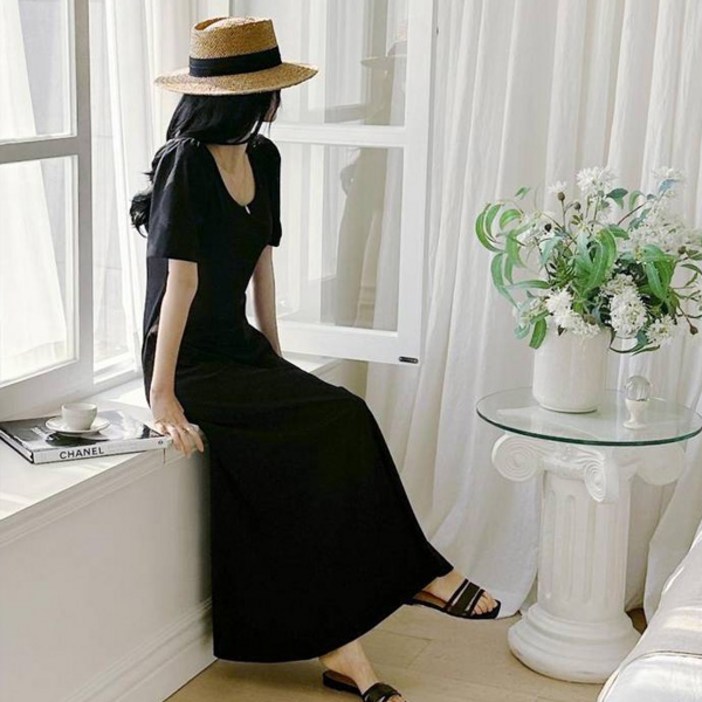 세이스타일 여성용 피네 퍼프소매 반팔 롱 원피스