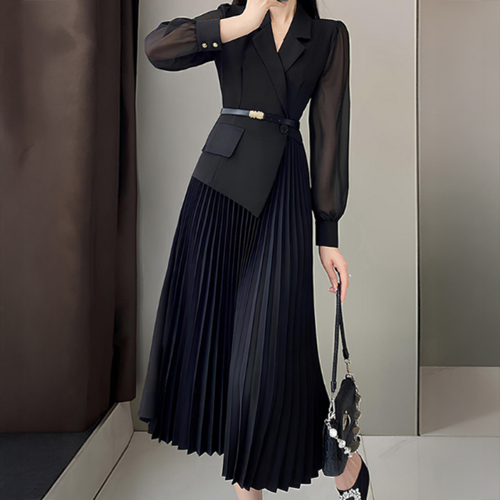 페이퍼머츠 언밸런스 벨티드 플리츠 정장 롱 원피스 10026 빅사이즈 포함