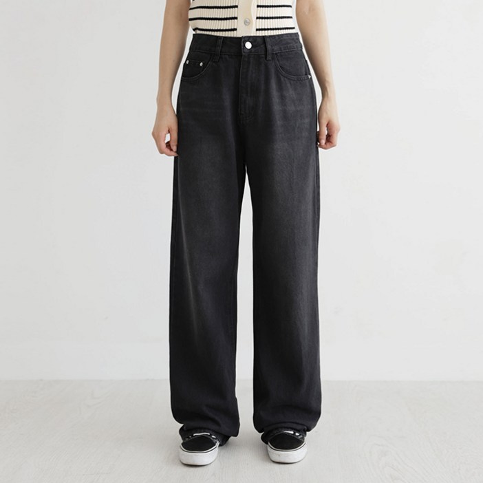 빼빼 여성용 숏베이직롱 기장 데일리 빈티지 워싱 롱 와이드 데님 팬츠
