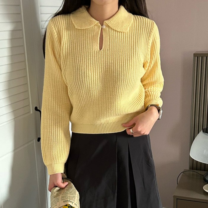여성용 럽스 카디 골지 단추 카라넥 긴팔 니트